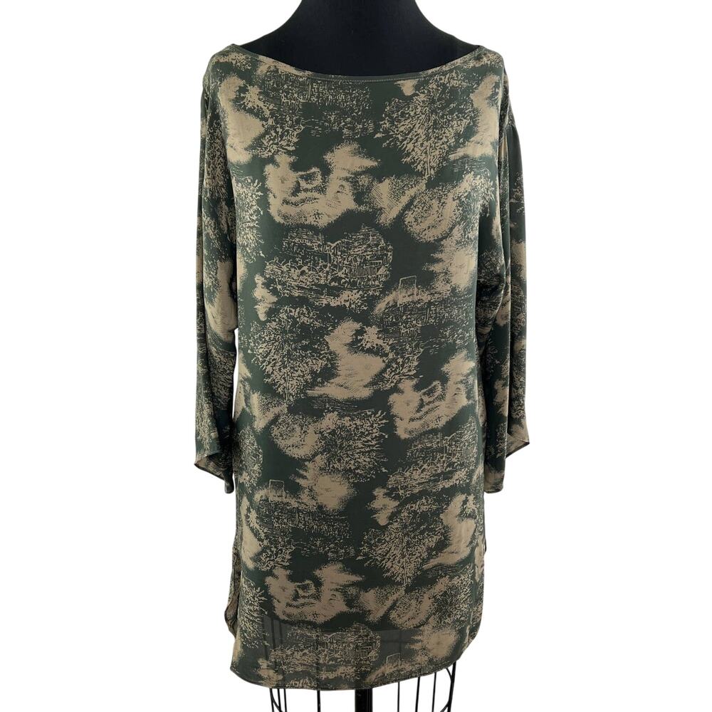 VTG Victoria's Secret Vintage Gold Label 100% Silk Green Beige Print Tunic Top M